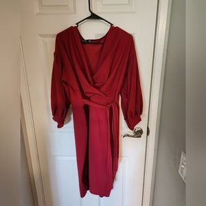 Boohoo Burgundy Faux Wrap Dress With Belt Size 20